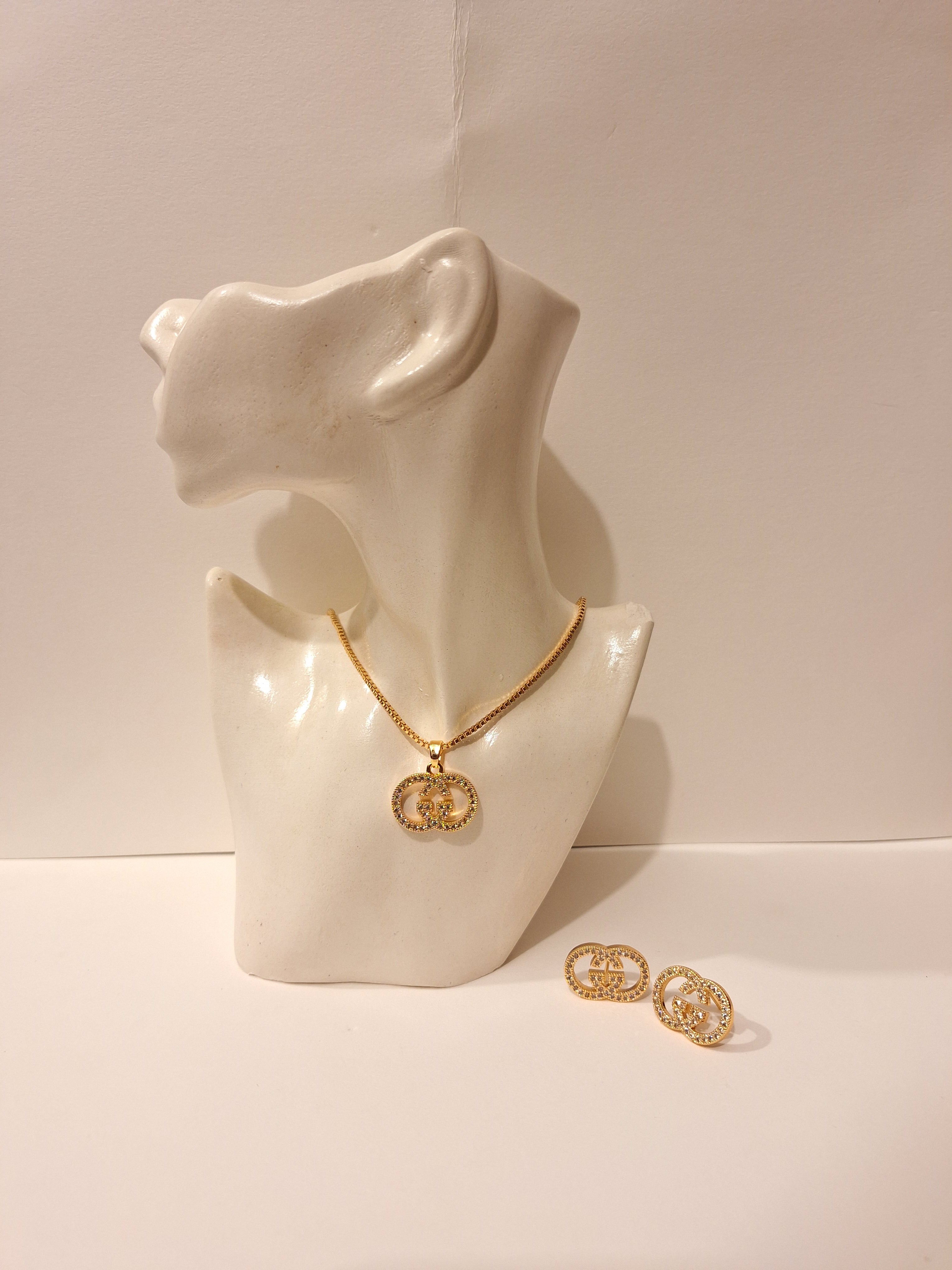 Gold CC Logo Necklace and Earrings Set