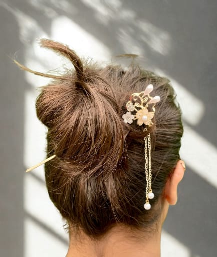 Golden Floral Hairpin with Dangling Pearls