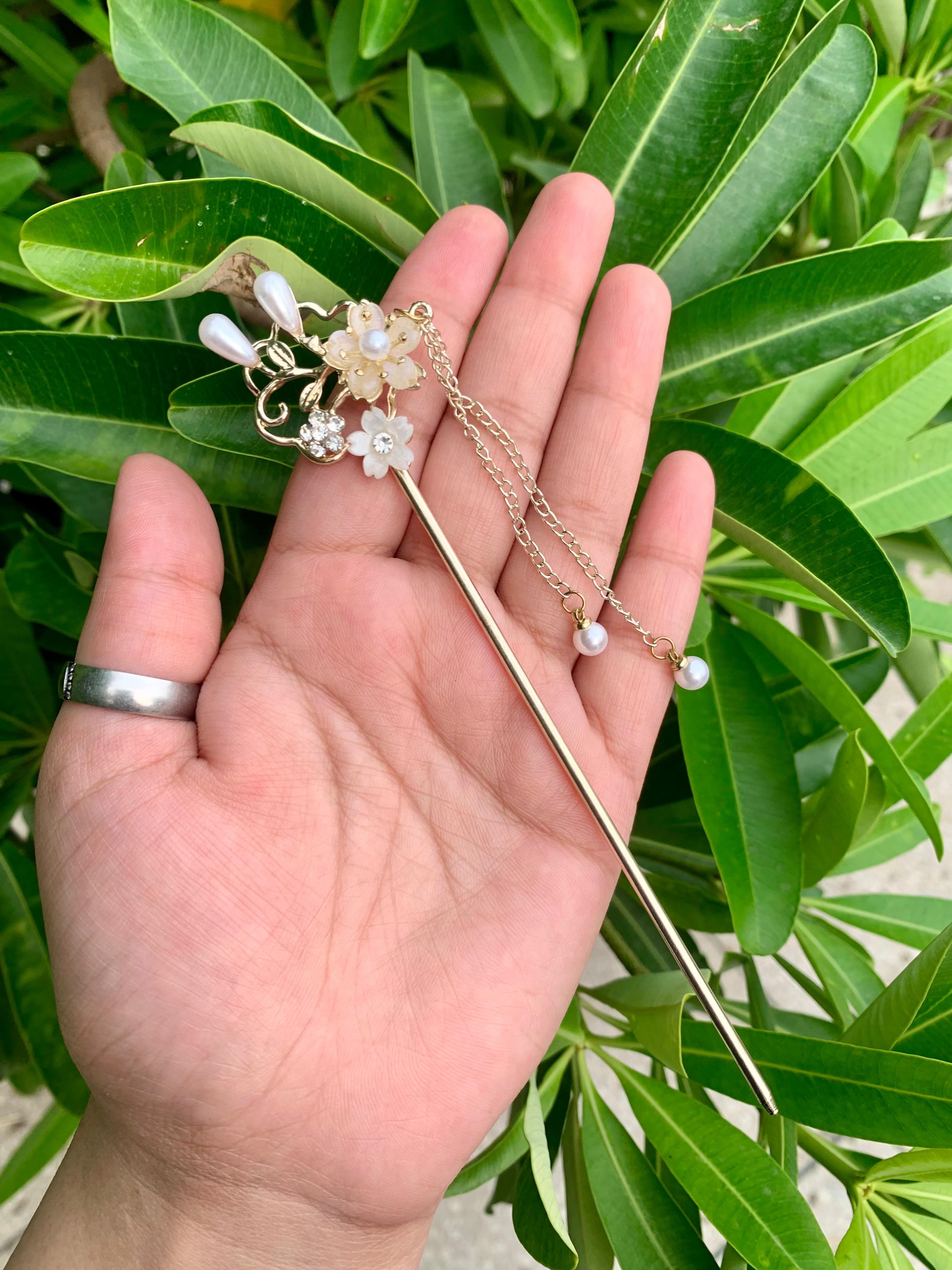 Golden Floral Hairpin with Dangling Pearls