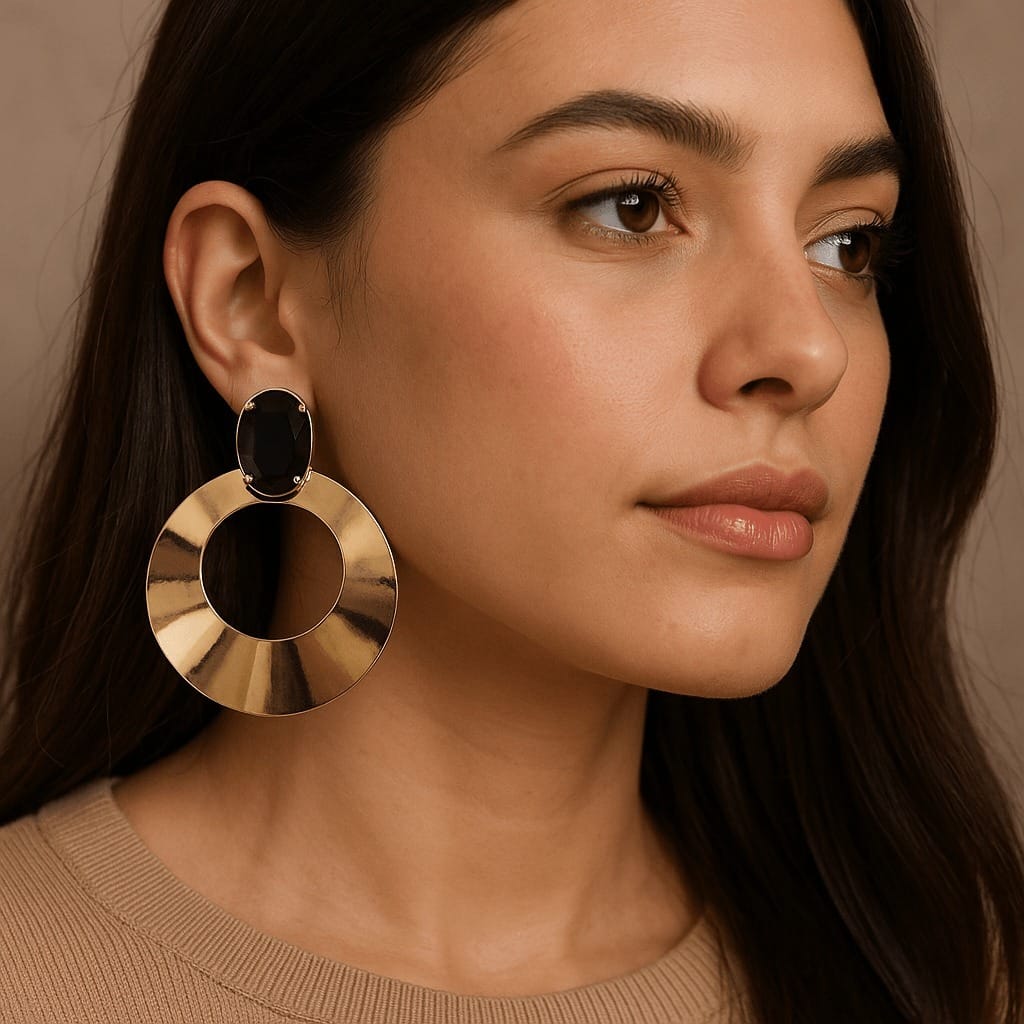 Gold Circle Earrings with Black Stone