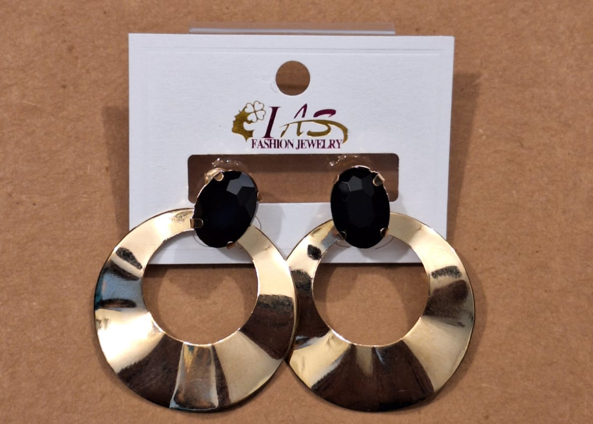 Gold Circle Earrings with Black Stone