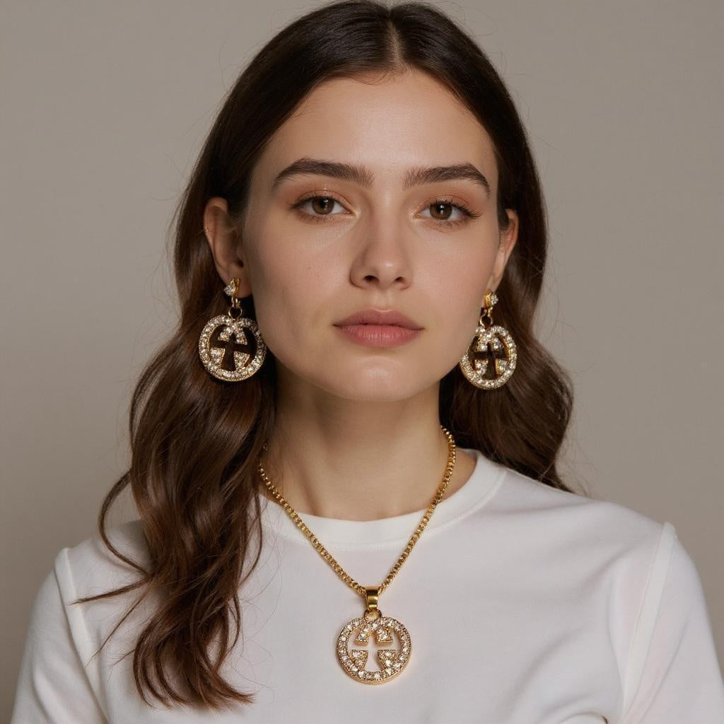 Gold CC Logo Necklace and Earrings Set