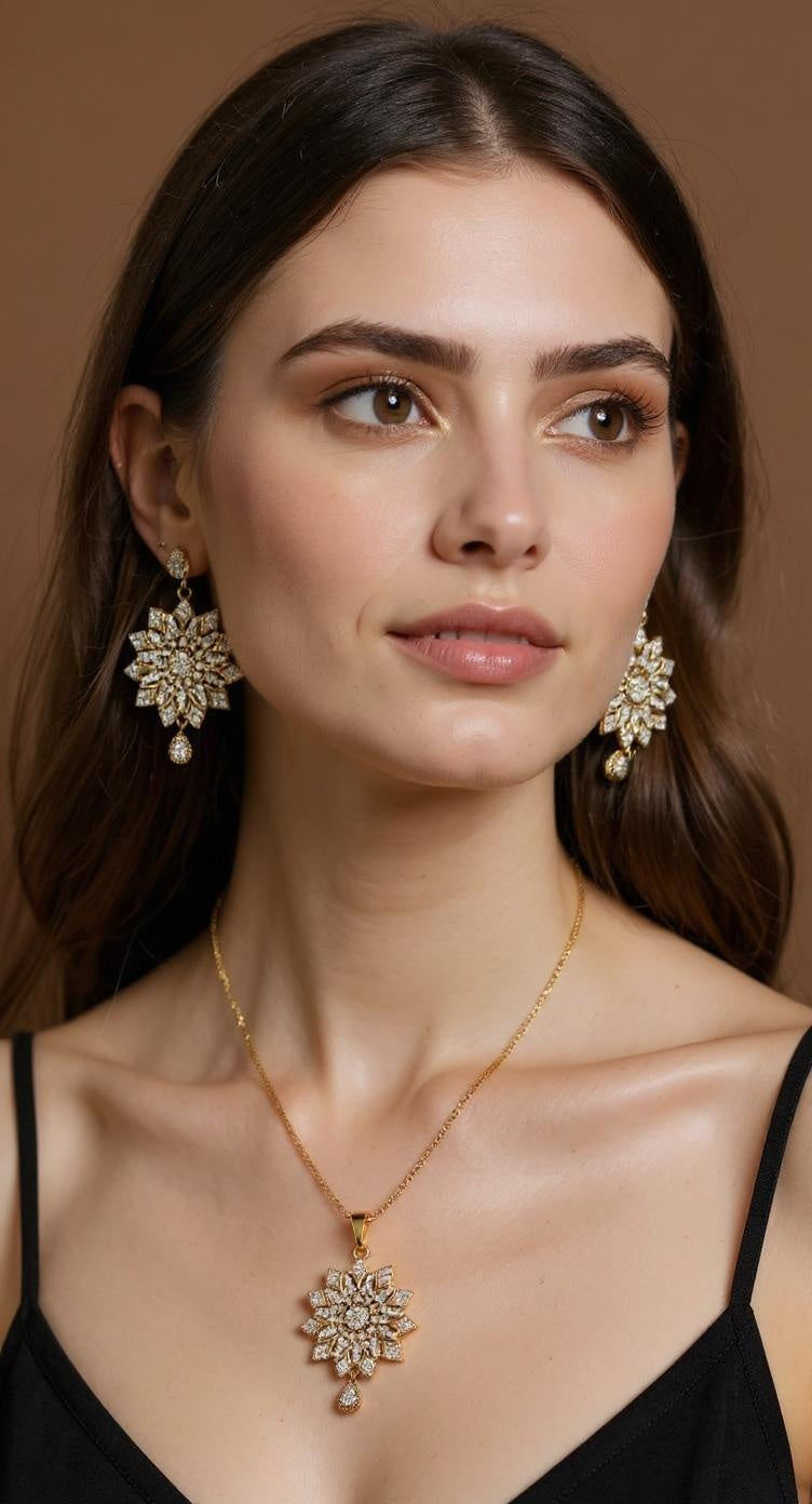 Gold Floral Pendant Necklace and Earring Set